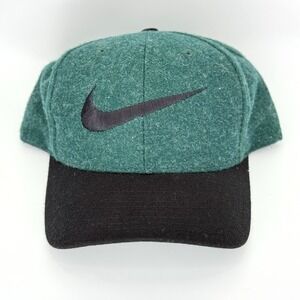VTG 6-Panel Nike Wool Strapback Hat Green Black Swoosh Logo Adult OS Taiwan 90s